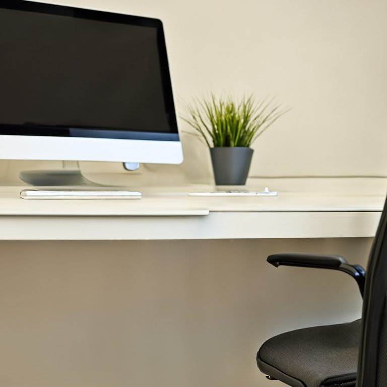 Modern Schreibtisch mit iMac, Tastatur und kleiner Pflanze in einem Topf.