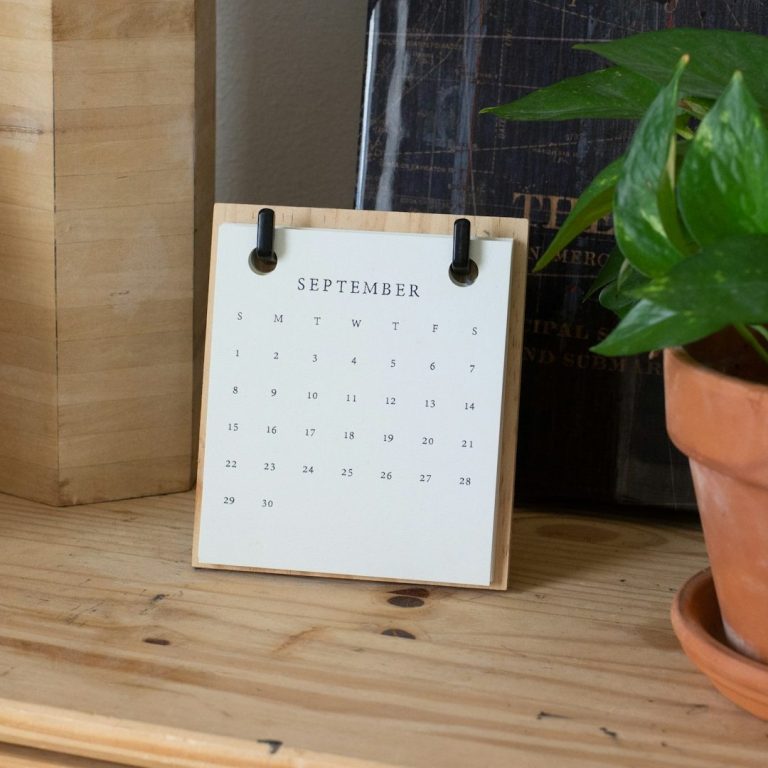 Kalender für Dezember auf einem Holzregal, daneben ein Blumentopf mit Pflanze.