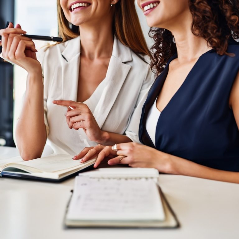 Zwei Frauen in eleganter Kleidung lächeln und besprechen Notizen an einem Tisch.